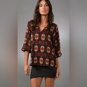 TUCKER Long Tie Neck Silk Blouse‎ Shirt Brown Red Aztec Isa's Wooden Chest sz S